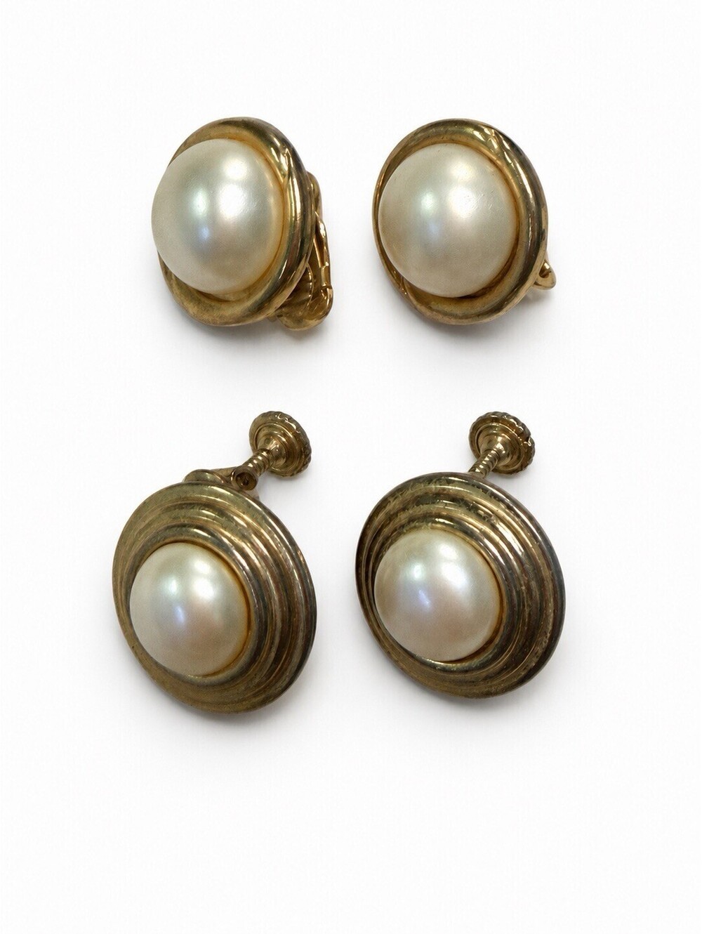 2 Pairs Vintage Faux Pearl Gold Tone Clip On Screw Back Earrings